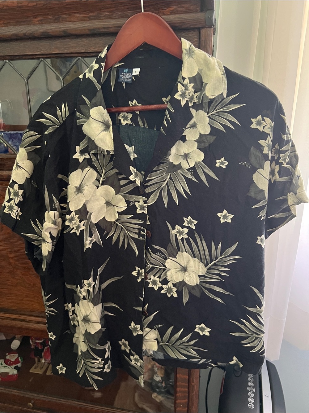 Black Floral Button-Down Camp Shirt for Women